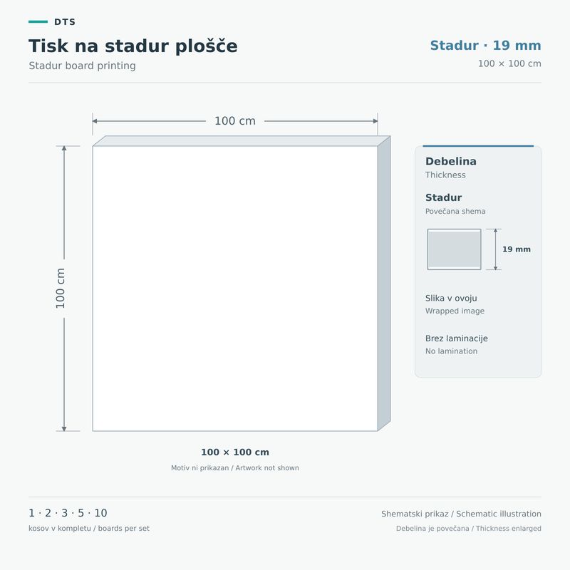 Stadur board printing 100 × 100 cm – Stadur 19 mm Schematic of a 19 mm Stadur board in 100 × 100 cm format, with an enlarged thickness view.