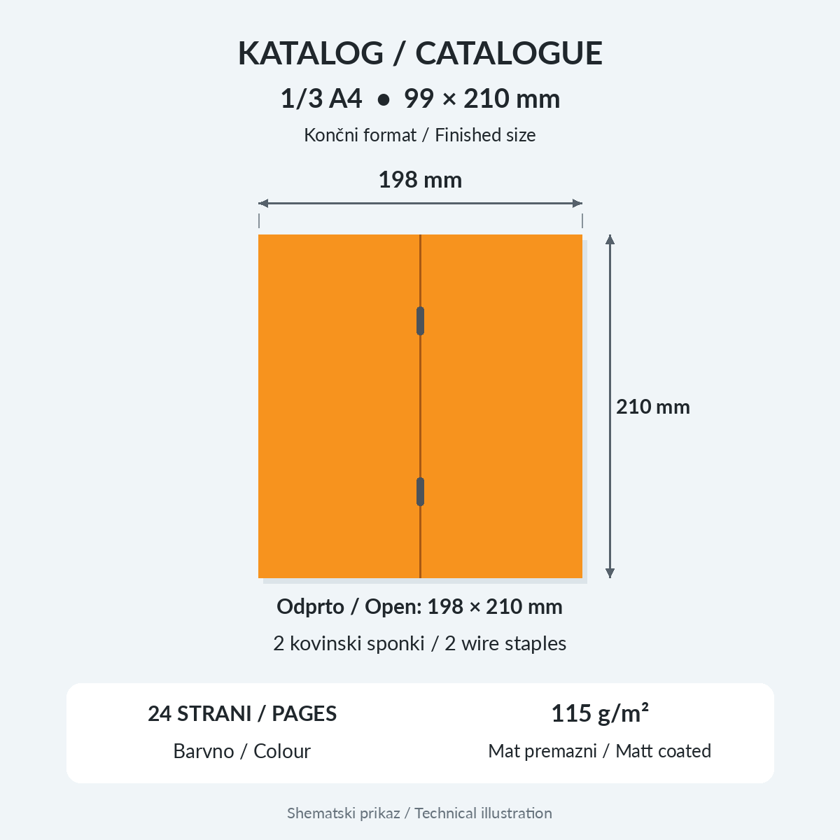 Katalog 1/3 A4, 24 strani, mat premazni papir 115 g, spenjanje z žico