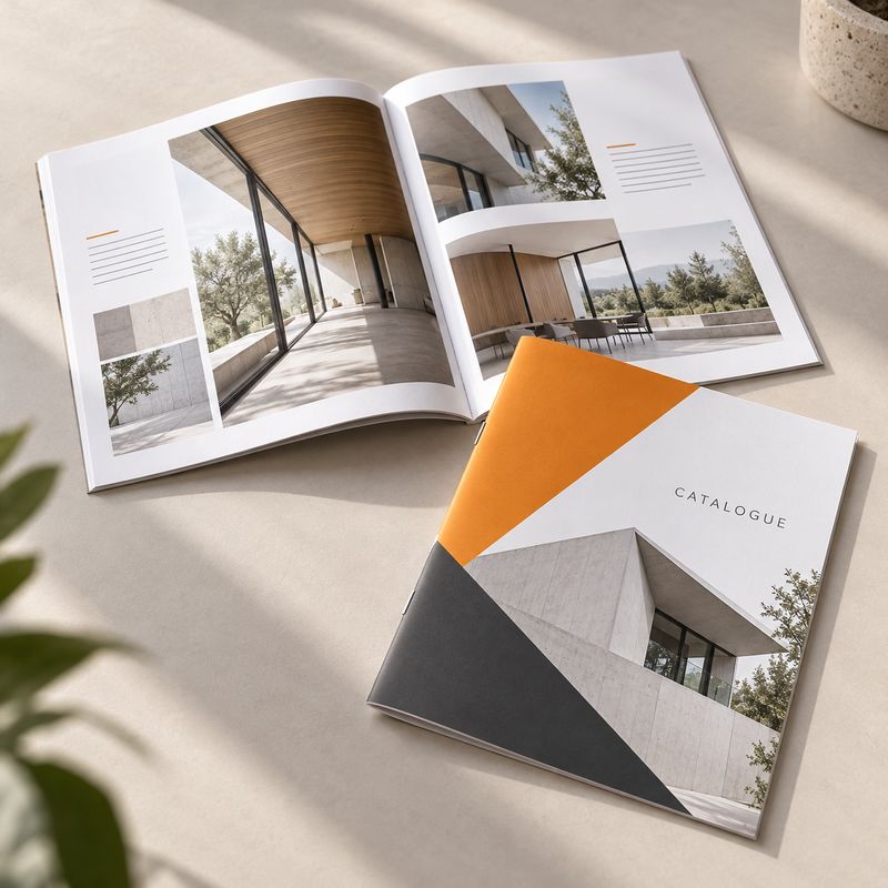 A5 portrait catalogue – 24 pages, 115 gsm matt coated A5 catalogue, 24 pages, 115 gsm matt coated paper, saddle stitched