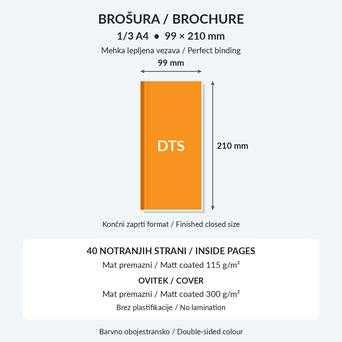 Brošura 1/3 A4, 40 notranjih strani, mehka lepljena vezava in oranžen ovitek