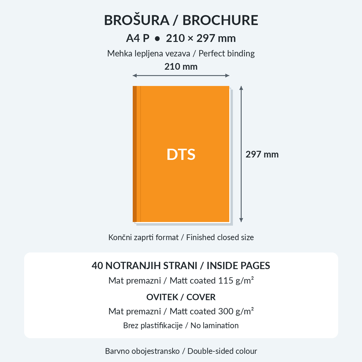 Brošura A4 P, 40 notranjih strani, mehka lepljena vezava in oranžen ovitek