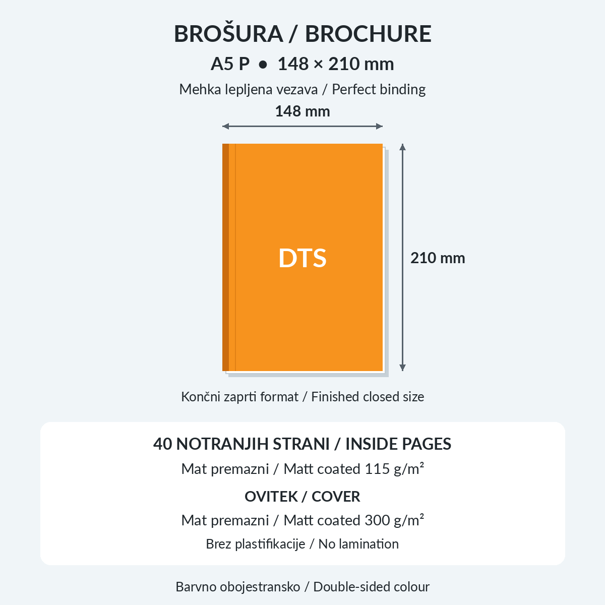 Brošura A5 P, 40 notranjih strani, mehka lepljena vezava in oranžen ovitek