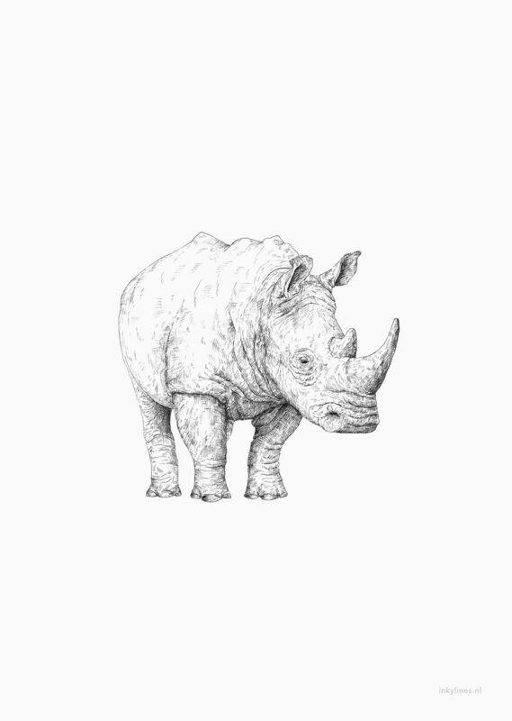 Inkylines | Rhino - A6 Postcard with or without wooden frame Inkylines | Rhino - A6 Postcard with or without wooden frame