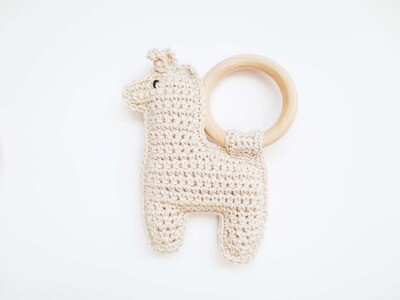 Softie baby musthaves | Alpaca rattle animal with birch wooden ring linen/sand - available in different colors