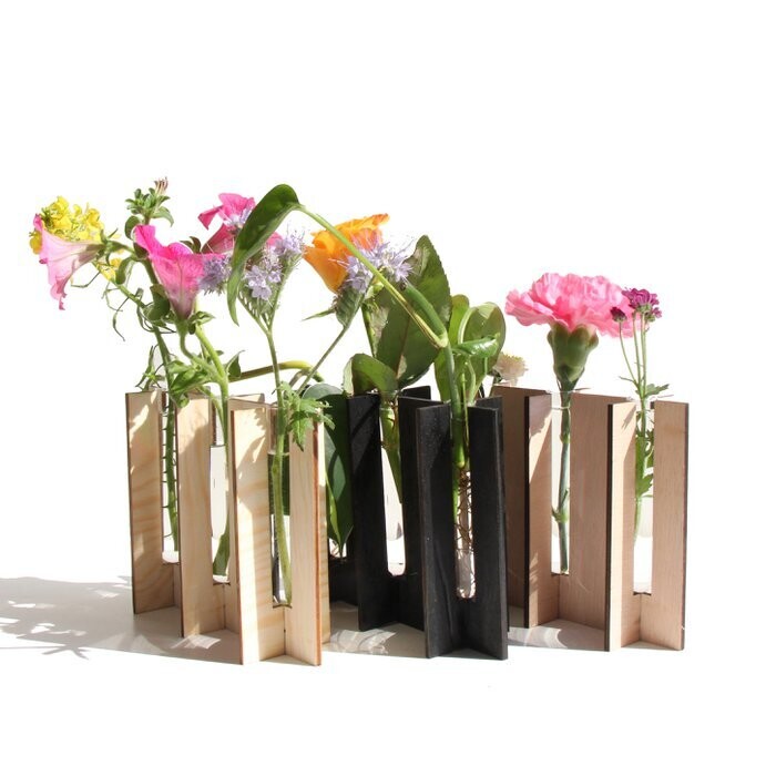 Aiymes | Rectangle Triple Vase - Wood with three glass vases inside - 16,5cm