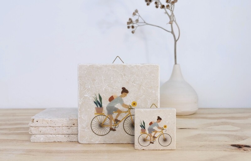 evimstore | Printed Natural Stone Tile - Cyclist with flowers (woman) - Available in two different formats