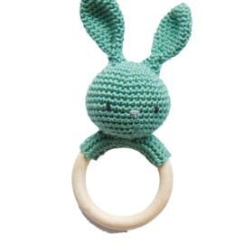 Softie baby musthaves | Rabbit rattle animal with birch wooden ring sea green - available in different colors