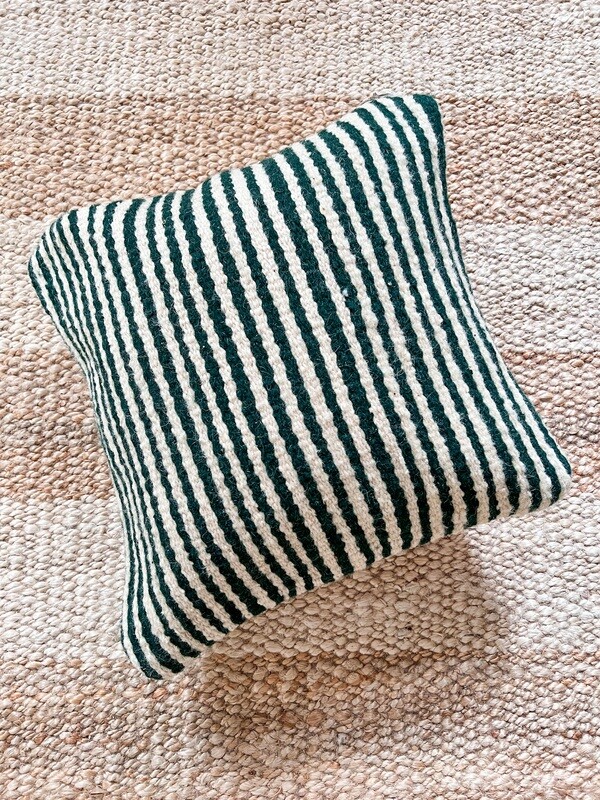 Olá Lindeza | Flatweave pillow with fine dark green stripes - 45 x 45 cm - natural wool