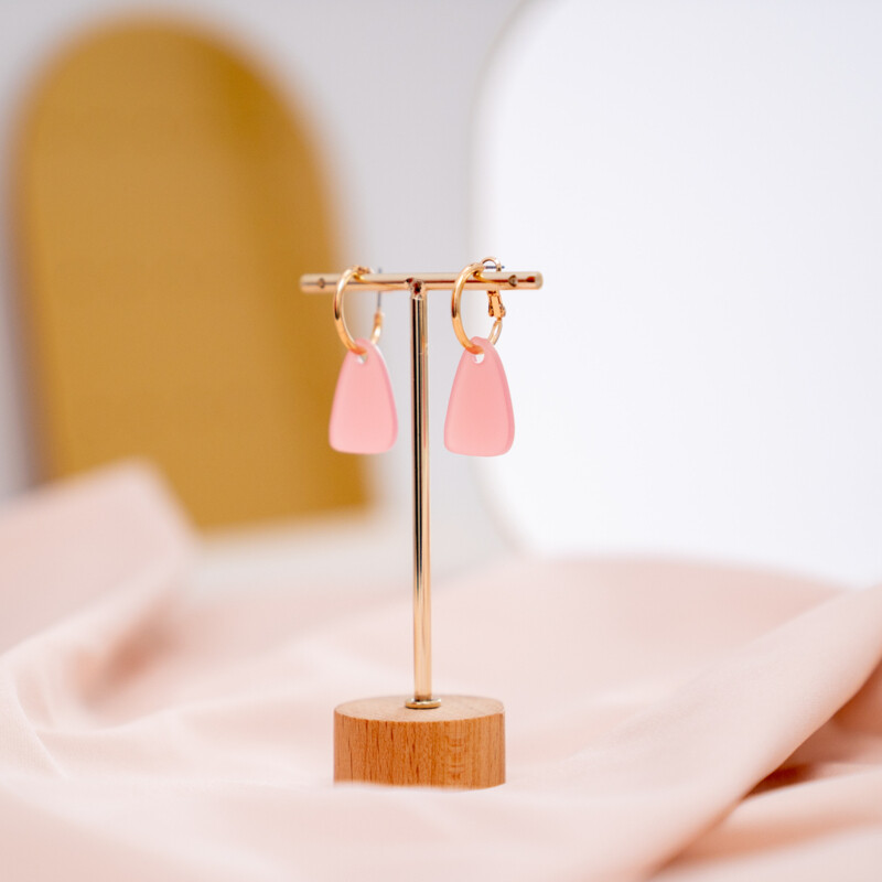 Studio Nok Nok | Gold hoops with matte pink pendant - recycled acrylic