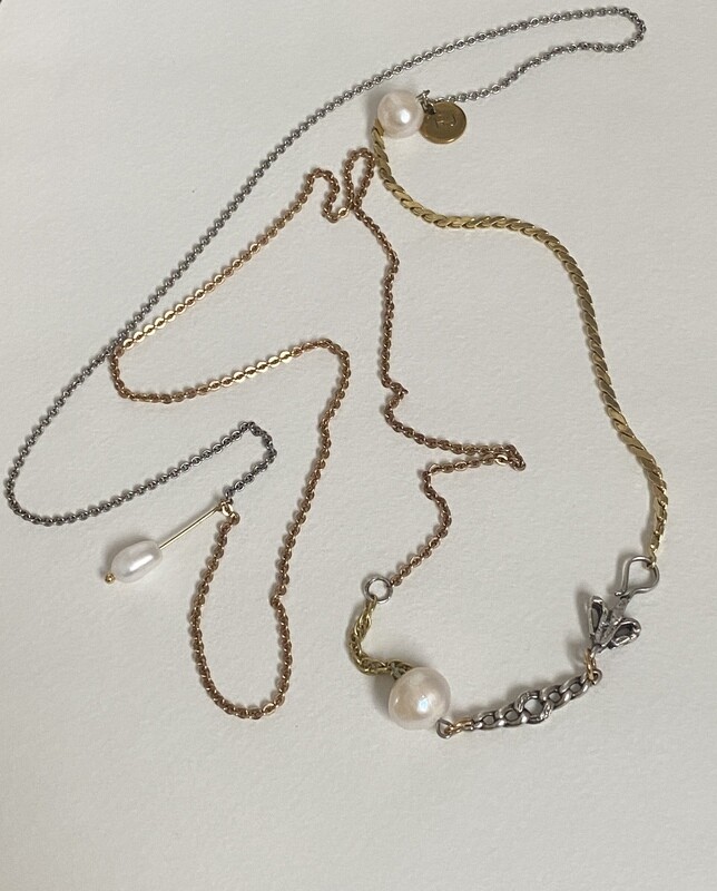 evankrumah | Necklace - 925 &amp; 800 silver, diamond chips, keshi pearls, gold double, rose double - handmade in Cologne
