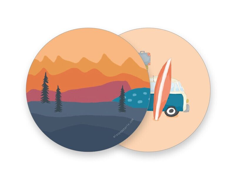 MIAO Papeterie | Cardboard coasters double sided - Van adventures - available with different illustrations - a single or set of 4 MIAO Papeterie | Cardboard coasters double sided - Van adventures - available with different illustrations - a single or set of 4