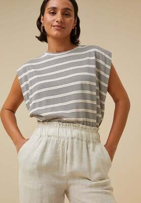 By-Bar Amsterdam | Diede nautic stripe top - sand and dark blue - made in Portugal