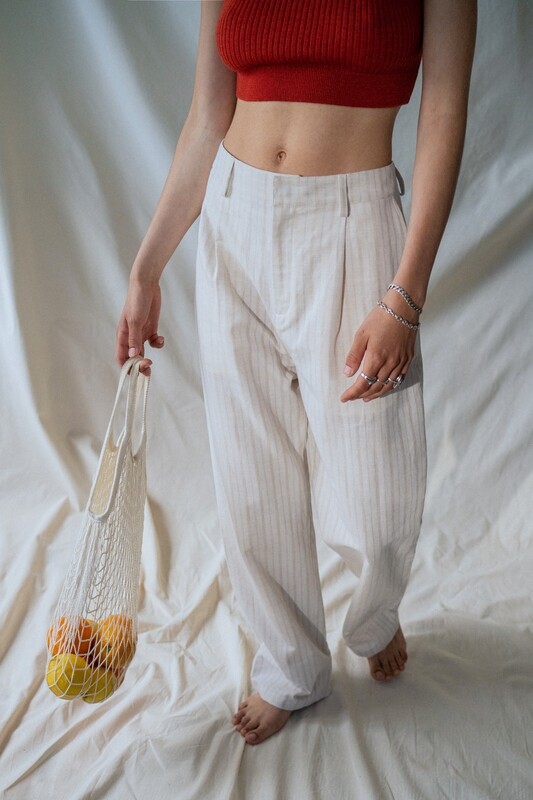 Rotholz | Natural stripe pleated trousers - organic cotton &amp; linen - fabric made in Portugal, garment made in Poland
