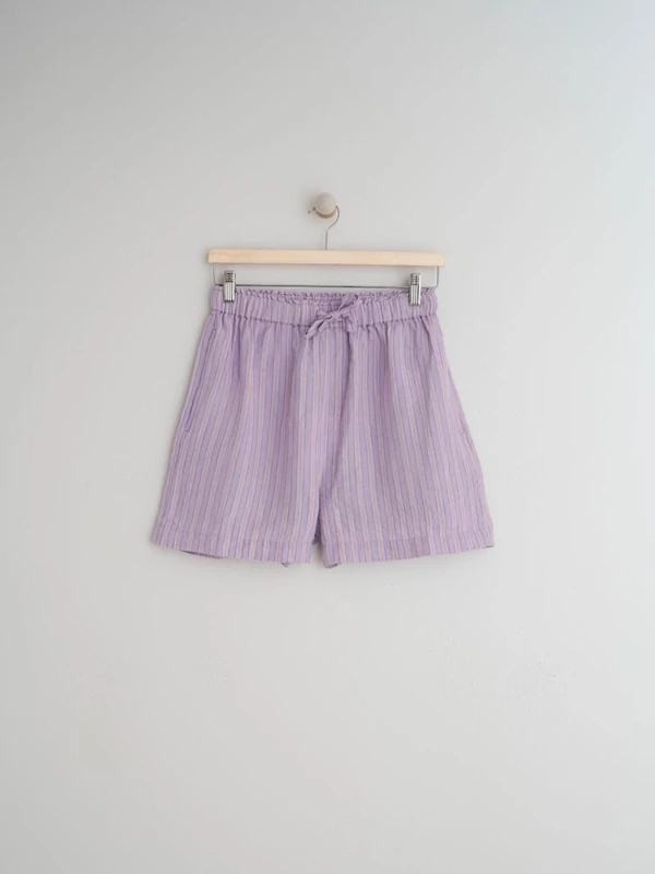 Indi & Cold | LAST ONE in 36 - Tricolor striped linen shorts - lilac & orange - 100% linen woven - made in Spain Indi & Cold | LAST ONE in 36 - Tricolor striped linen shorts - lilac & orange - 100% linen woven - made in Spain