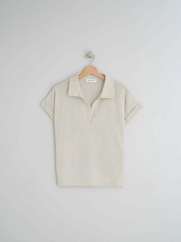 Indi & Cold | LAST ONE in S - Knit polo shirt - sandy beige - recycled cotton and linen - made in Italy Indi & Cold | LAST ONE in S - Knit polo shirt - sandy beige - recycled cotton and linen - made in Italy