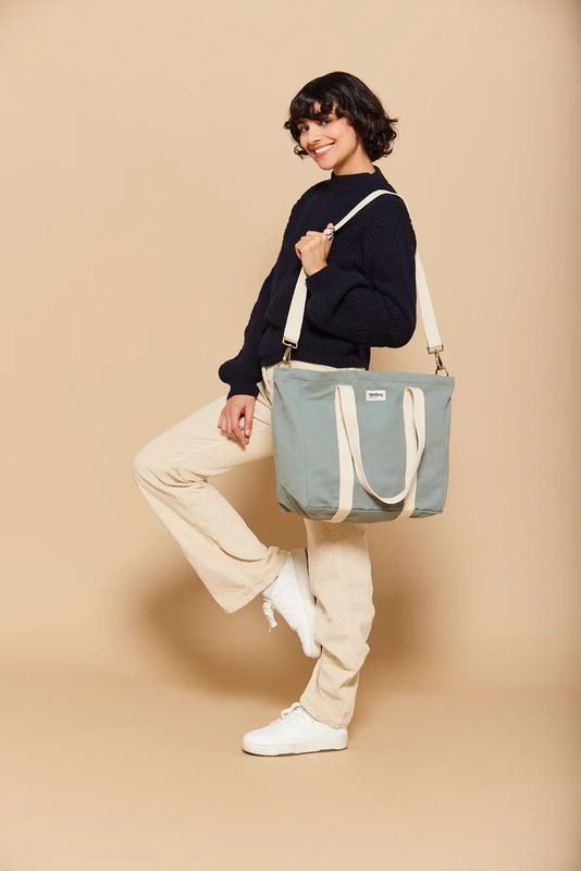 Hindbag | Tote Bag with zipper César - Sage/dusty blue - GOTS certified organic cotton - designed in Paris, France