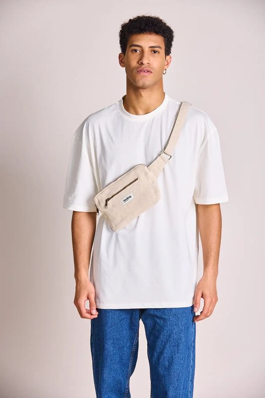 Hindbag | Harry Rectangular Belt Bag with front &amp; back patch pockets - Natural jute &amp; linen - designed in Paris, France