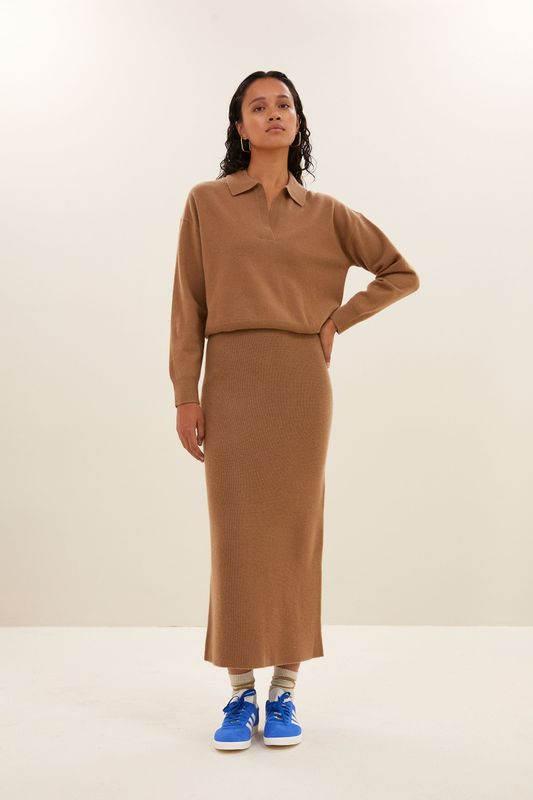 By-Bar | LAST TWO in S &amp; M - Dex skirt - camel brown - fine knitted merino wool RWS made in Italy