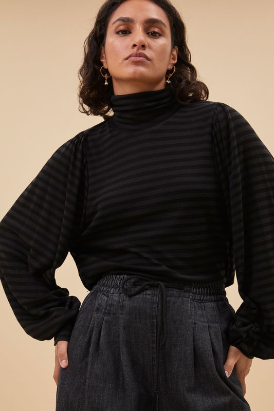 By-Bar | Jojo roll melange stripe top viscose - jet black - made in Portugal By-Bar | Jojo roll melange stripe top viscose - jet black - made in Portugal