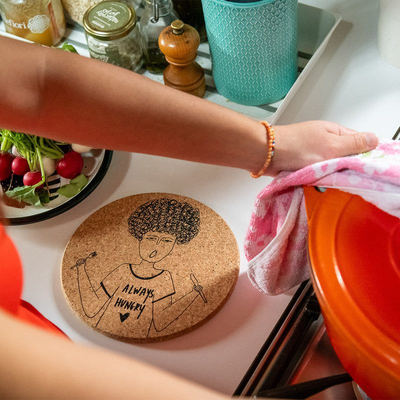 Helen b | Cork coaster XL 20cm - always hungry Rita - designed in Belgium, made in Portugal