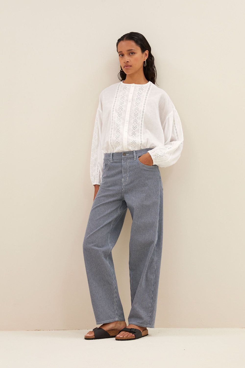 By-Bar | LAST ONE in L - Lew stripe pants dark blue stripes - organic cotton