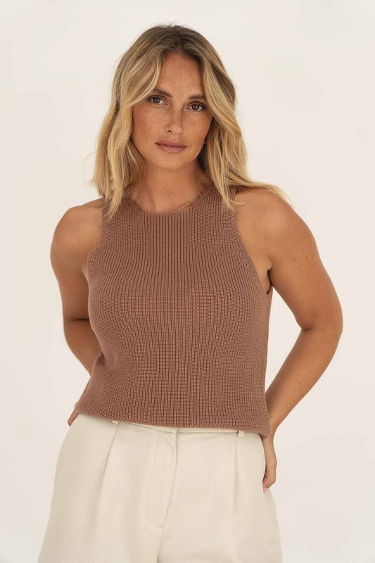 Näz | Halter knit top cappuccino - recycled cotton - made in Portugal