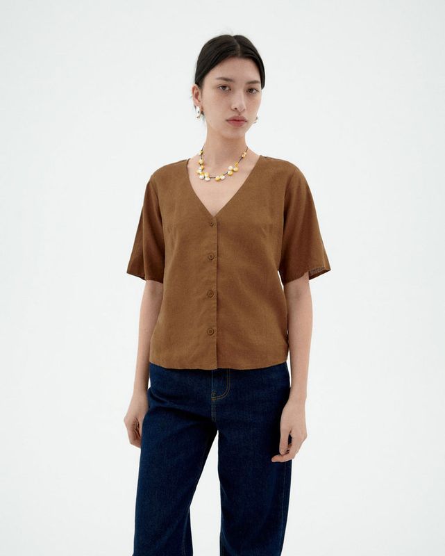 Thinking Mu | LAST ONE in S - Brown Libelula blouse loose fit - hemp &amp; tencel