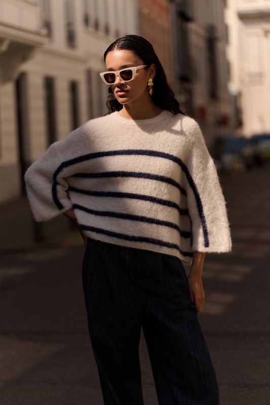 By-Bar| LAST TWO in S &amp; M - Fleur stripe pullover marine stripe - alpaca wool - made in Italy
