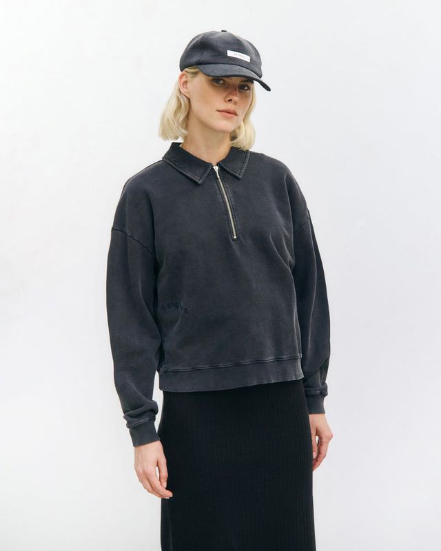 Rotholz | Zipped polo sweatshirt washed black unisex - organic cotton - made in Portugal