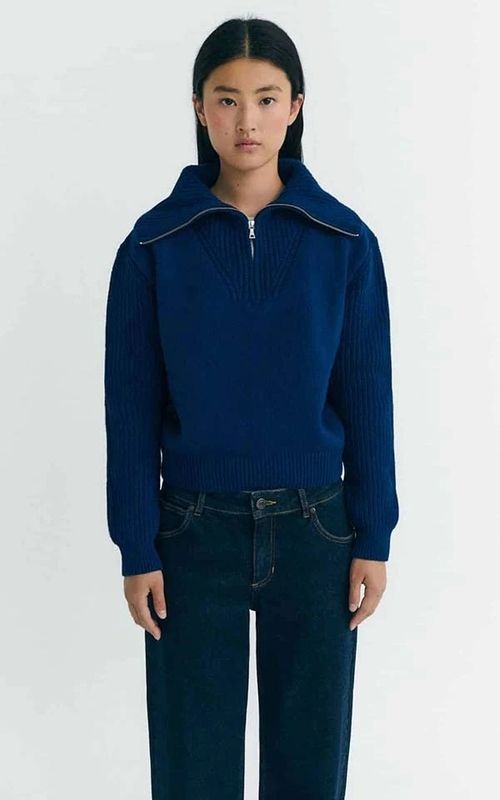 Thinking Mu | Indigo blue wool zip sweater knitted - 100% wool made in Spain
