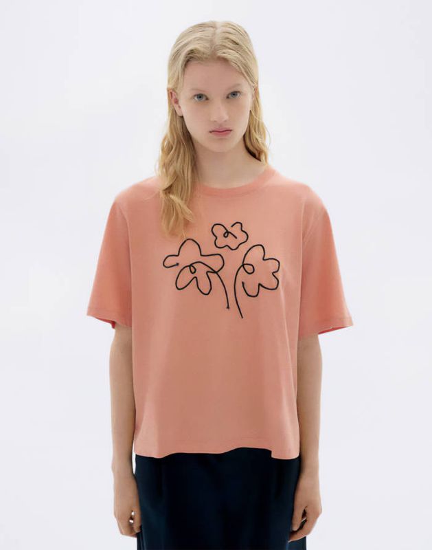 Thinking Mu | Flower rope pink Lucia Tee - organic cotton GOTS - hand embroidered