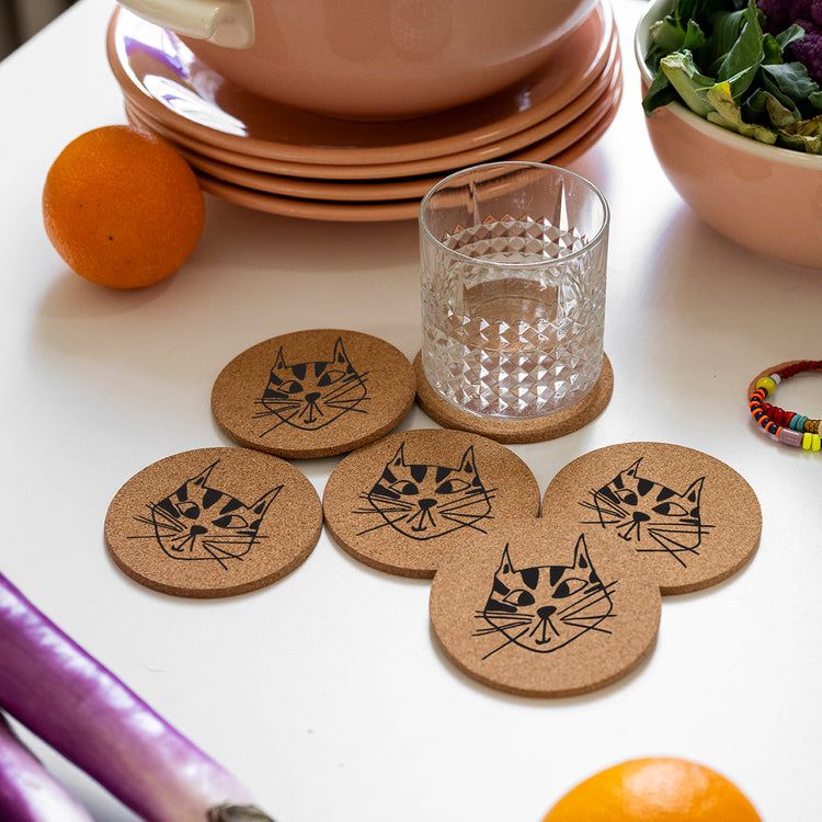 Helen b | Cork coaster kitty - a single or set of 6 - recycled cork