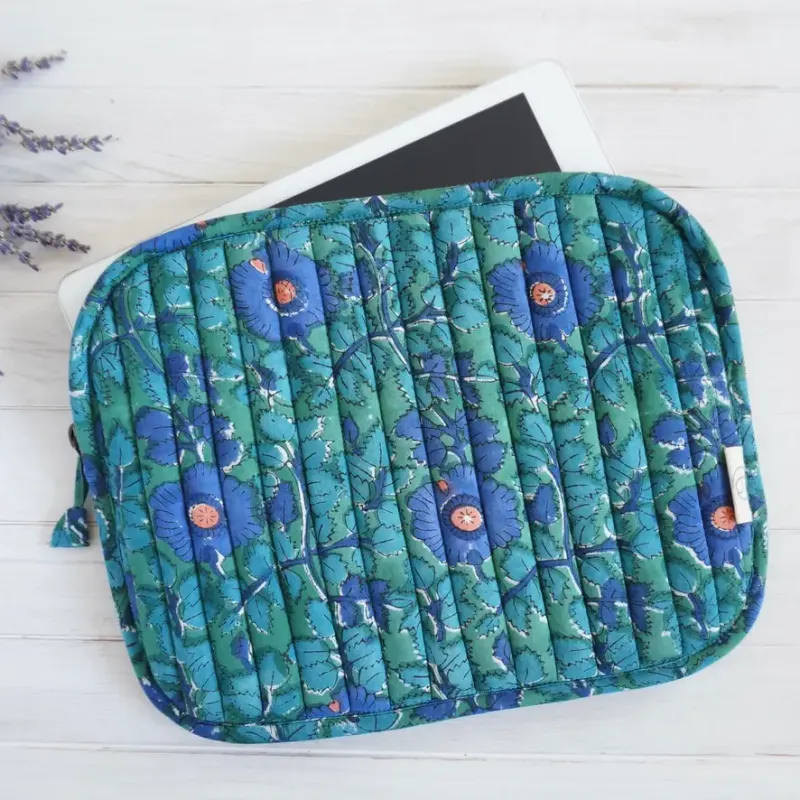 Claire Beaugrand | “Marcel” Printed Cotton Tablet Case 22,5 x 28 cm - green &amp; blue flowers