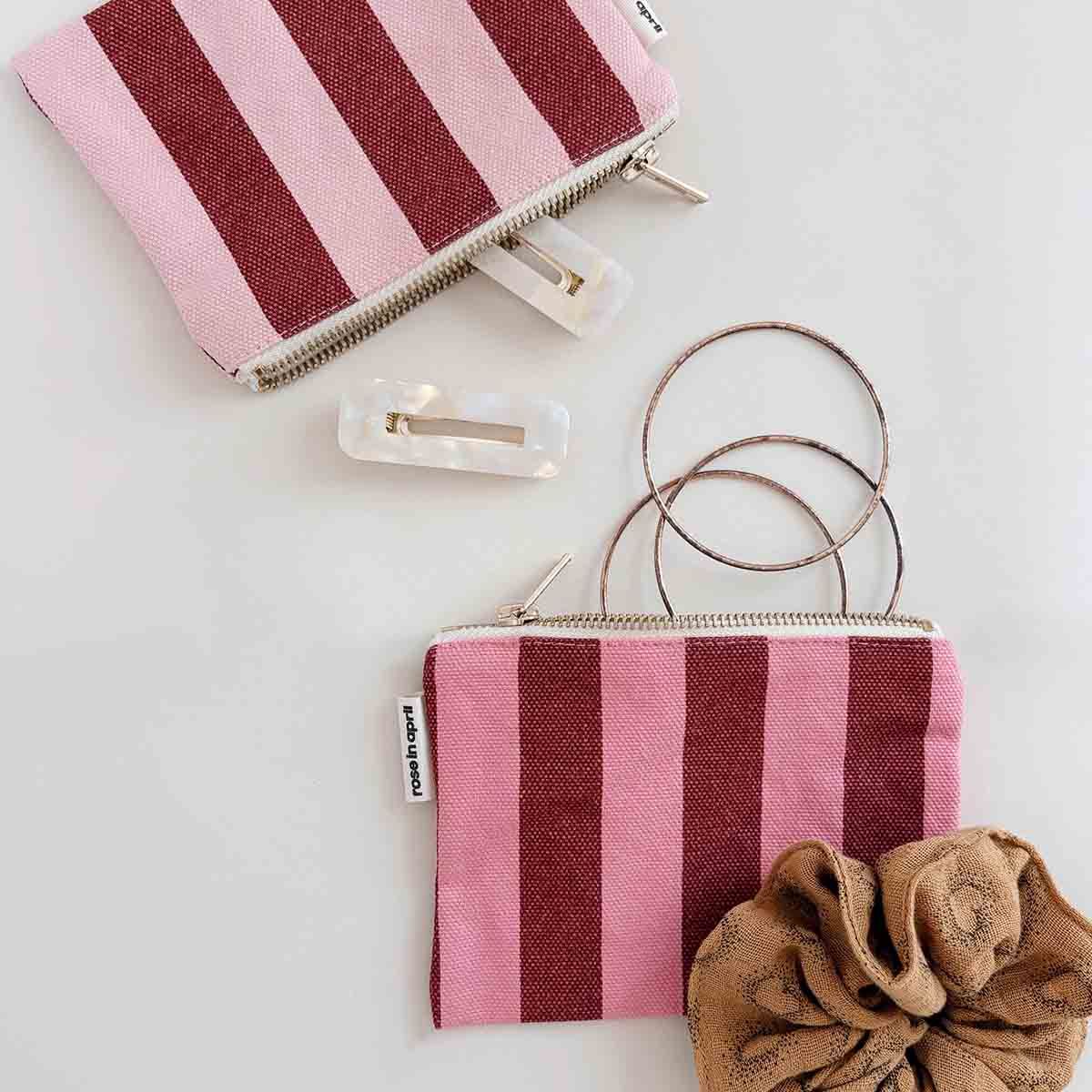 Rose in April | Purse etui 10 x 15cm - brick red and pink stripes - made in Portugal