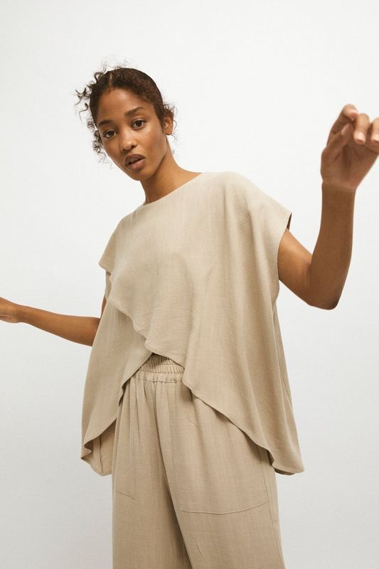Rita Row | LAST ONE in M - Lucia Ruffle Shirt Sand - Natural linen &amp; rayon - made in Portugal