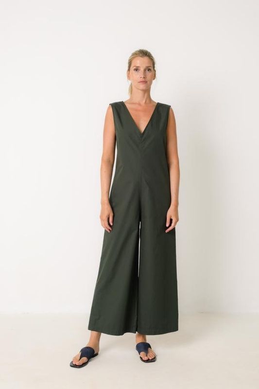 CUS Barcelona | LAST ONE in S - V-neck Jumpsuit dark green - 100% cotton - made in Barcelona