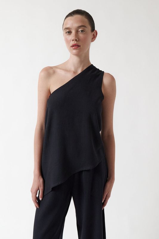 amt. Studio | LAST ONE in S - Nabiu asymmetric top deep blue - linen &amp; viscose - made in Spain