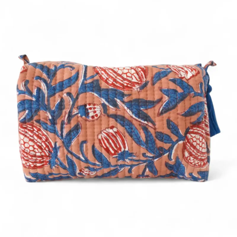 Claire Beaugrand | Printed Cotton Toiletry bag 19 x 9 x 10cm with 4 pockets inside - blue orange