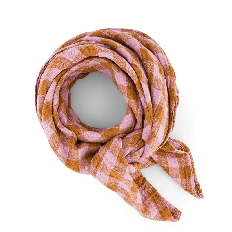 Rose in April | Swaddle / scarf gingham check print caramel pink 70x70cm - made in Portugal