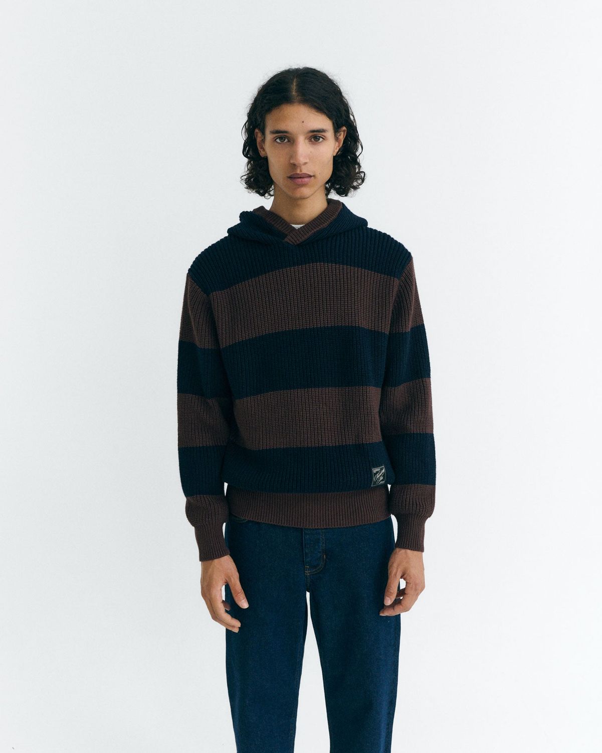 Thinking Mu | Wool striped Tobby Hoodie - brown and dark blue - wool &amp; cotton