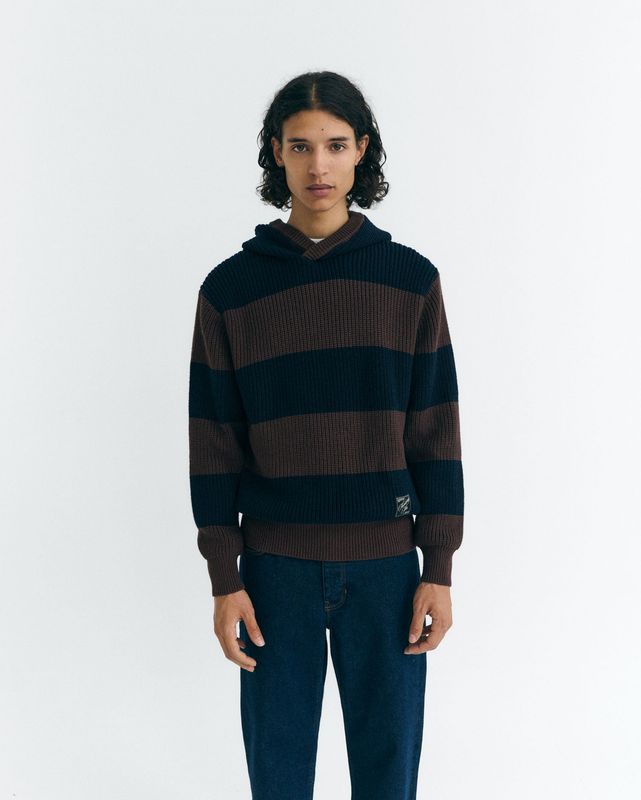 Thinking Mu | Wool striped Tobby Hoodie - brown and dark blue - wool &amp; cotton
