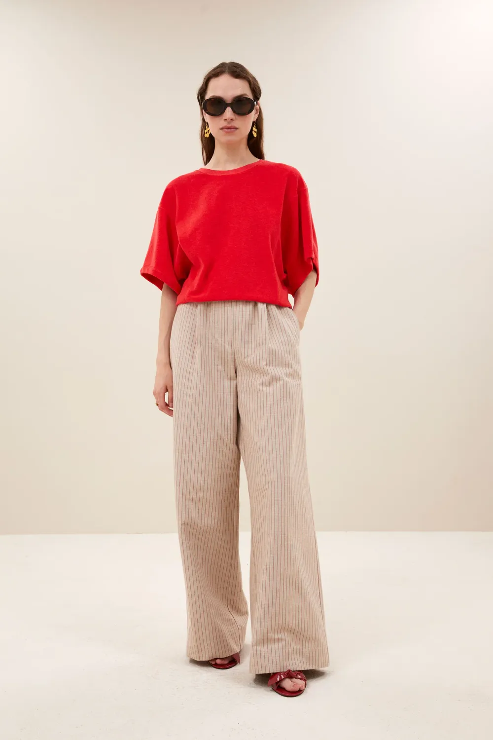 By-Bar | Benji stripe pants poppy red stripes - cotton and linen