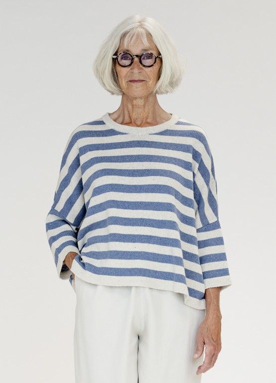 Muse Wear | Vibe top - offwhite blue denim stripe recycled cotton - made in Bulgaria