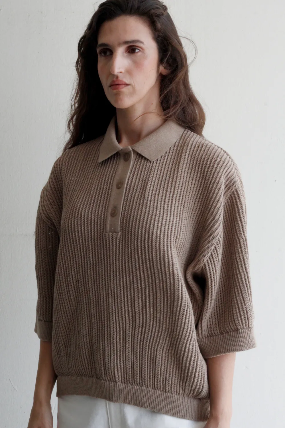 black to grey | Granite knit polo beige - 100% organic cotton - made in Spain