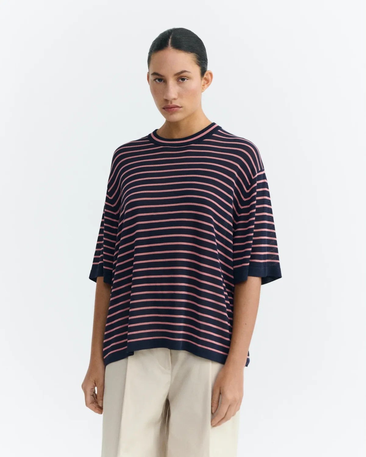 Thinking Mu | Zenna stripes oversize knitted T-Shirt - dark blue &amp; pink - lyocell knit