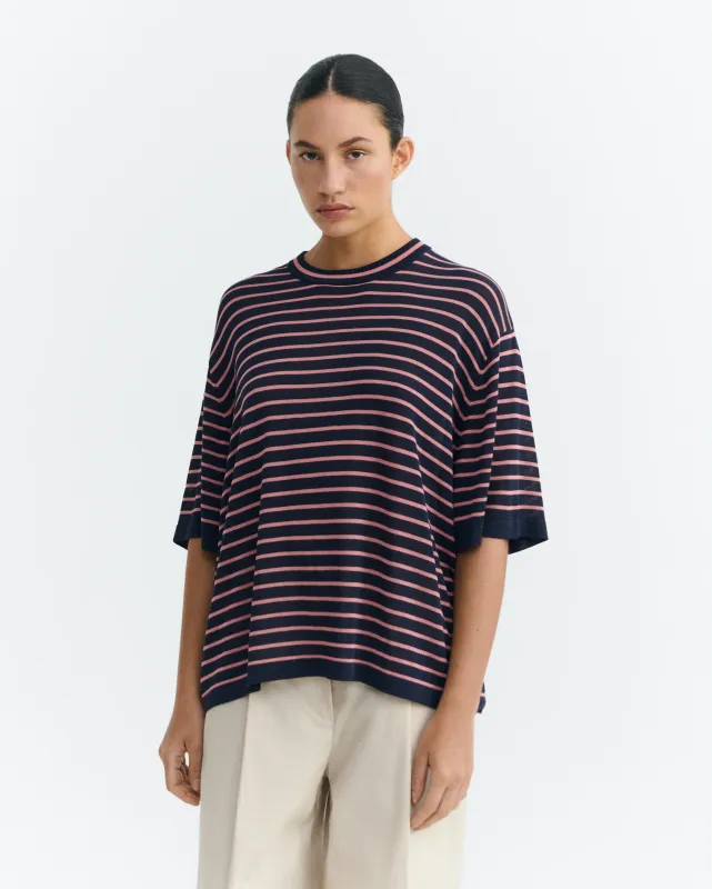Thinking Mu | Zenna stripes oversize knitted T-Shirt - dark blue &amp; pink - lyocell knit