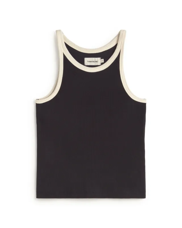 Thinking Mu | Dark blue halter top white contrast Harriet - organic cotton