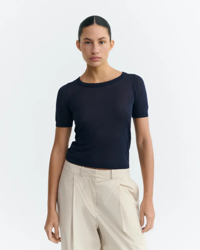 Thinking Mu | Semi-transparent noctis top navy blue - lyocell knit