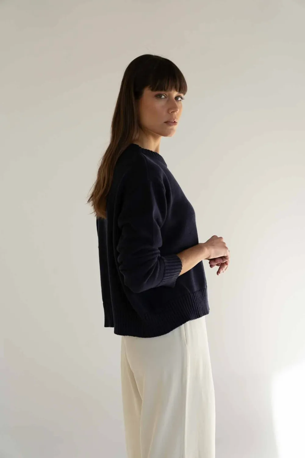 Näz | Claudia navy cotton crewneck sweater - organic &amp; recycled cotton - made in Portugal