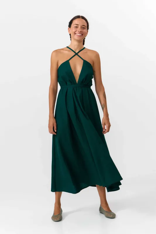 Suite13 | Multi-position dress bottle green - linen &amp; cotton